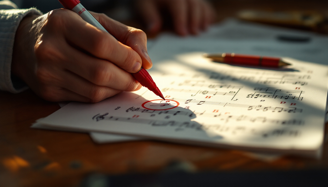 A photo of fixing a mistake or making corrections as in grading a paper, old-school college desk, glossy red marker circling errors on music theory homework, sunlight across guitar strings