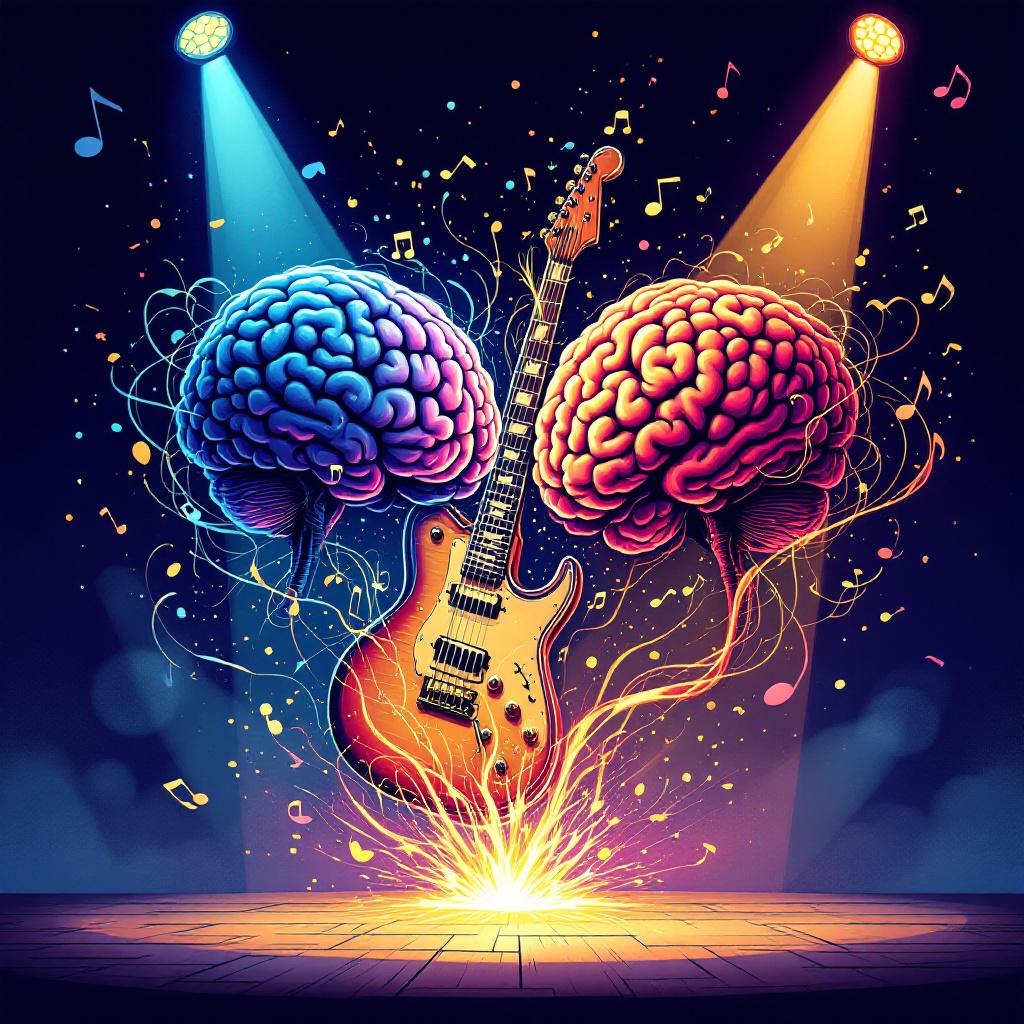 brain vs electric guitar battle vector art