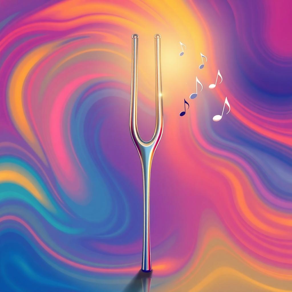 A vibrant tuning fork with colorful sound waves all around.