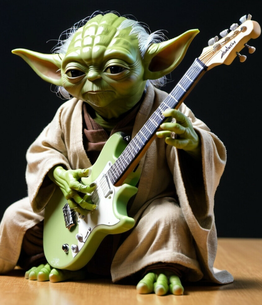 Yoda playing an electric guitar