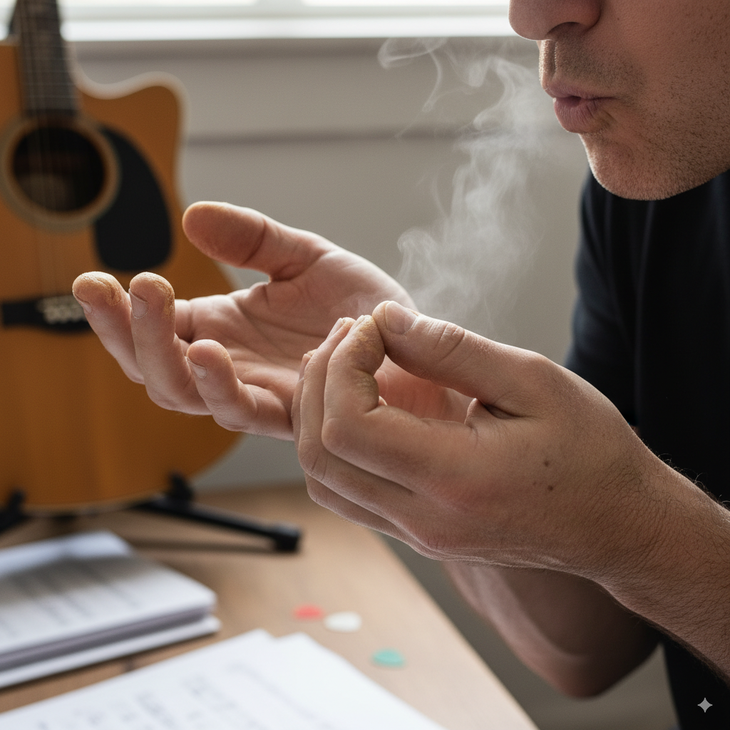 Generate an image of a guitar player’s calloused hands with them blowing on their finger tips as though that would bring relief somehow.