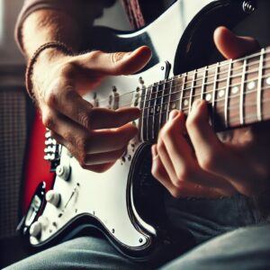 Person picking on an electric guitar on their lap