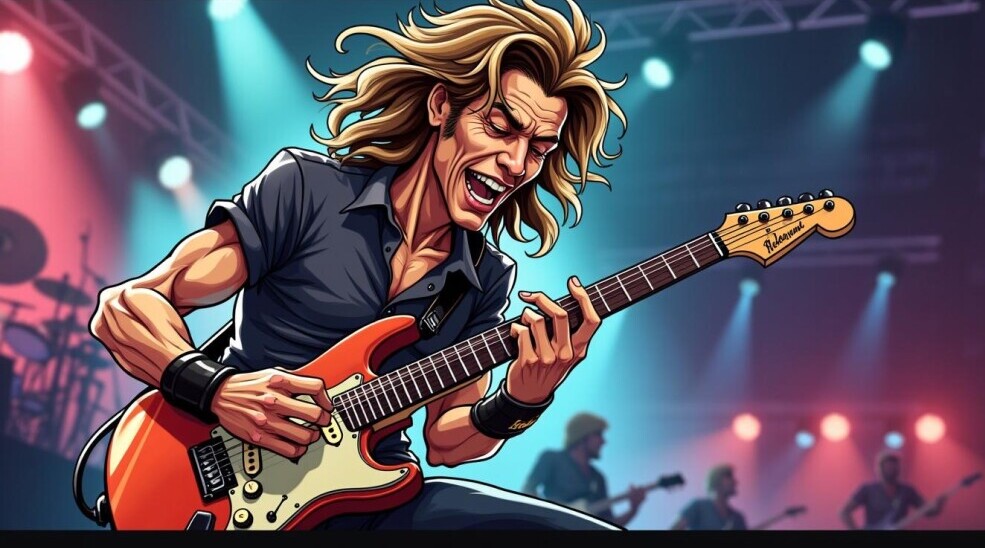 Cartoon image of a man playing an electric guitar 