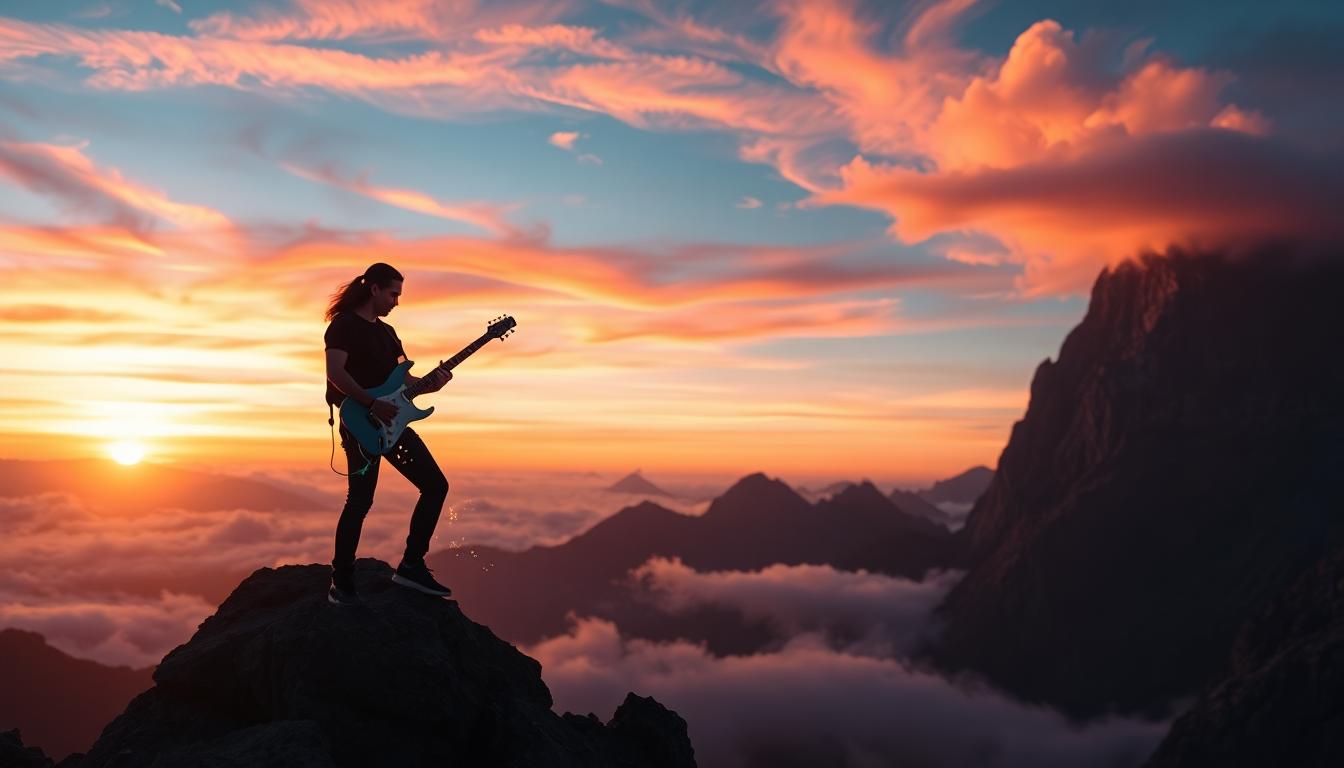 A lone guitarist stands on a jagged mountain peak at sunset, shredding an electrifying guitar solo!! Clouds swirl with vibrant neon light, sparks flying from their strings