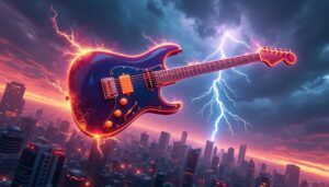Electric guitar with lightning strikes from the sky