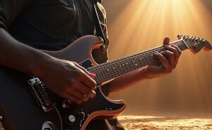 Dude playing and electric guitar