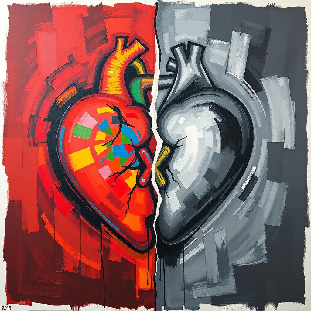 An abstract painting of two interlocked hearts, one heart filled with radiant colors and the other in grayscale. A crack runs through the middle, dividing the love and hate