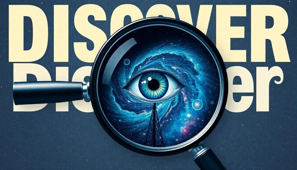 The word "Discover" intersected by a surreal, oversized magnifying glass, within stands an eye observing the universe, surrounded by swirling galaxies.