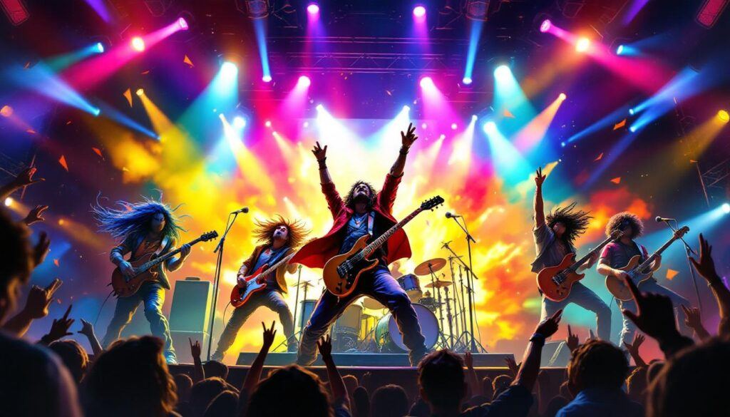 Here's the AI-generated image of a diverse, ethnically rock music 5-piece band formed as a SUPERGROUP in a dynamic cartoon concert setting.