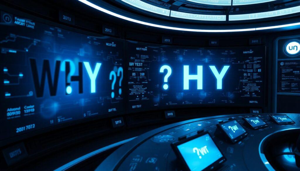 Envision a futuristic control room, screens displaying the word ‘WHY’ with tiny question marks within each letter, glowing with a soft blue hue, surrounded by holographic data projections.