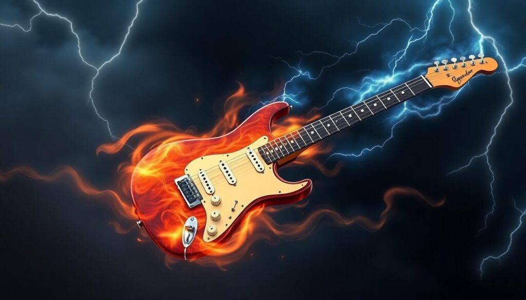 This image captures the enchanting essence of the 6-string Fender Stratocaster amidst its fiery and electric surroundings.