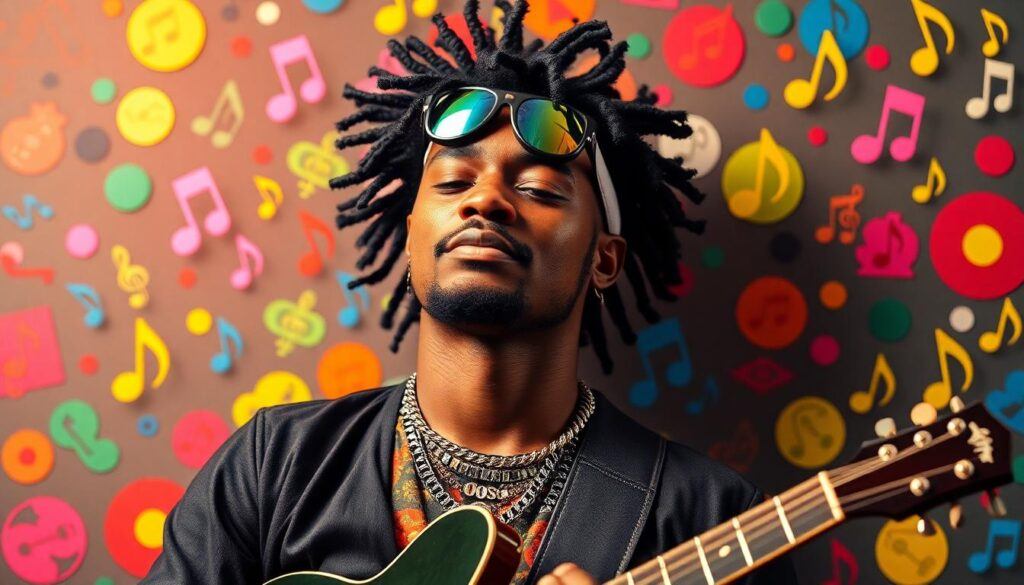 An urban musician immersed in their musical identity, surrounded by dancing electric guitars and vibrant musical notes, set against a backdrop filled with colorful symbols representing diverse music genres.