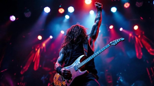 Image of a power chord played on an electric guitar, grungy setting, rock star with one arm raised high.