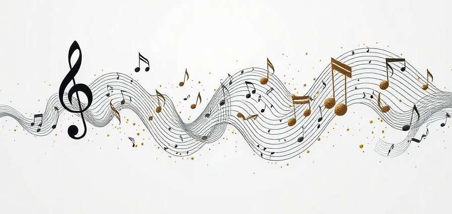Abstract representation of sound designs crafted in musical notes and intricate sine waves. They float like a cosmic ballet in a minimalist white space, with hints of gold.