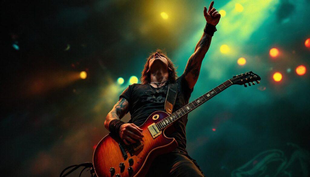 A power chord echoes from an electric guitar, tattooed arm lifted up, gritty, concert background, intense mood.