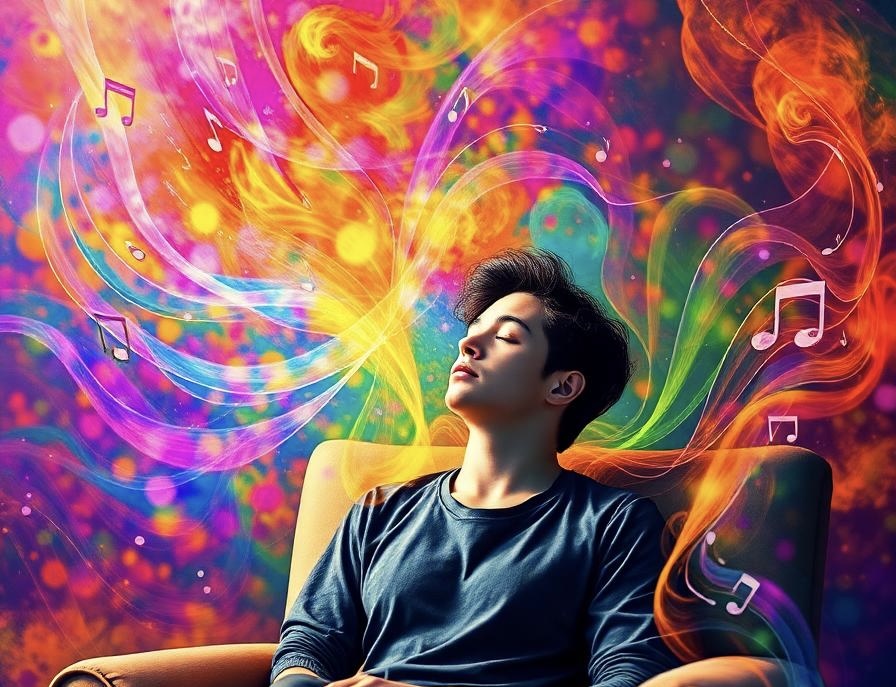 Picture a person sitting on a comfortable chair, lost in melody. The music waves flow around as their eyes close, unlocking a cascade of emotions. Colors dance and blend in the air, reflecting the inner transformation happening inside.