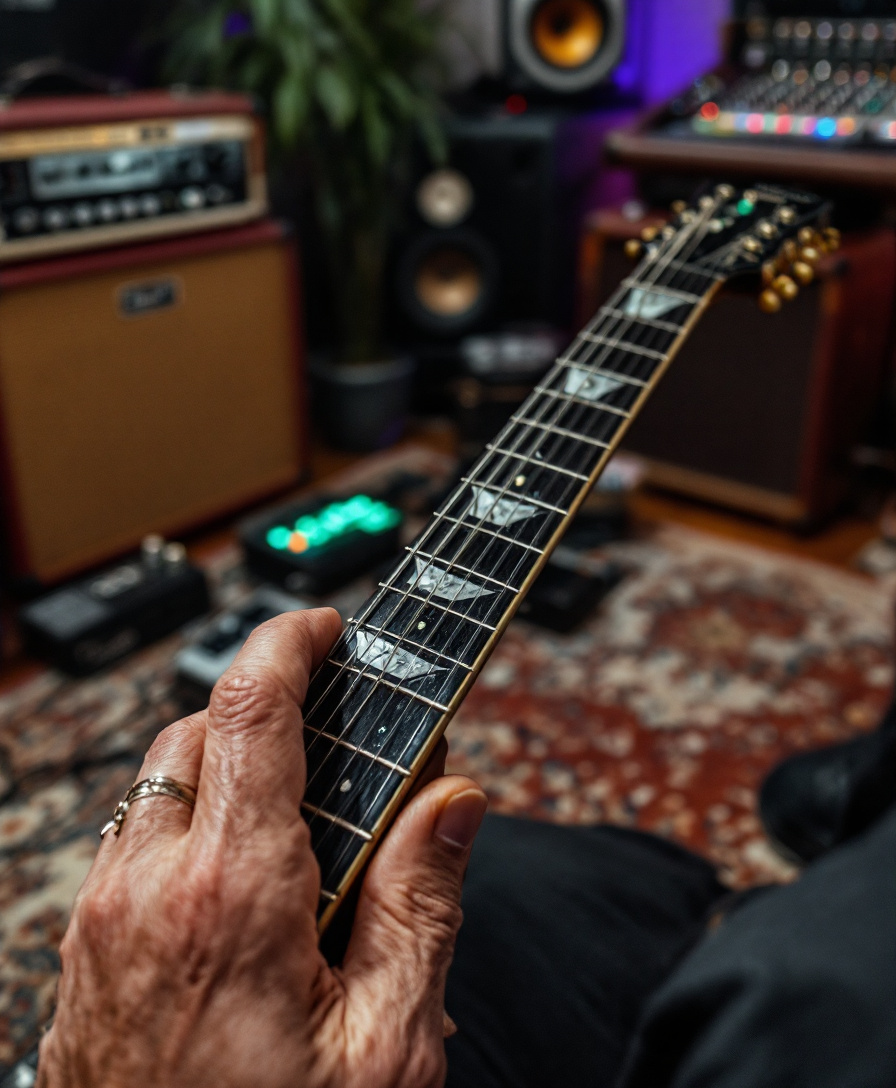 Close-up gritty hands on worn Les Paul Custom