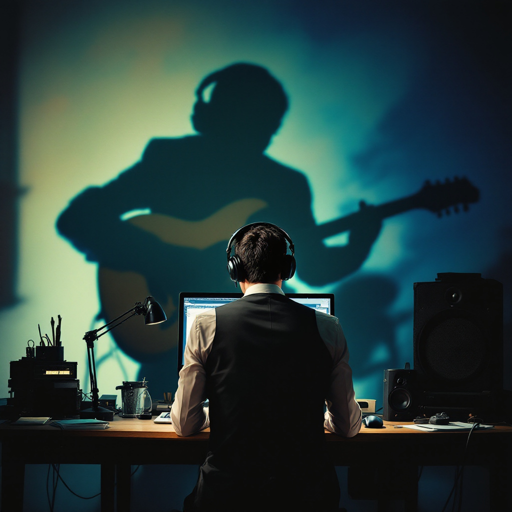 A person wearing a business suit and headphones sits in front of a computer while their shadow reflects a guitar-playing musician -- surreal, dramatic lighting.