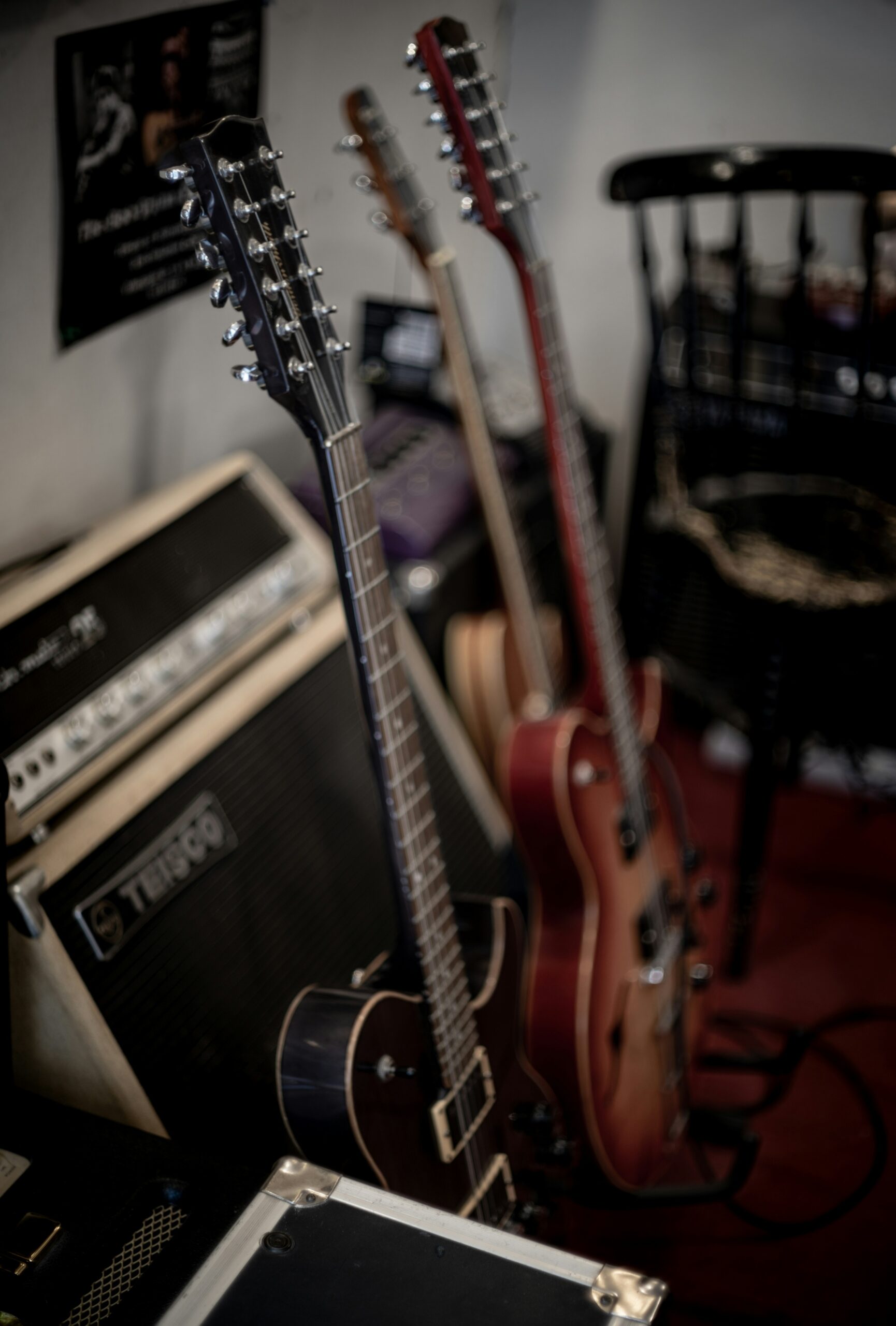 electric guitars in front of an amplifier