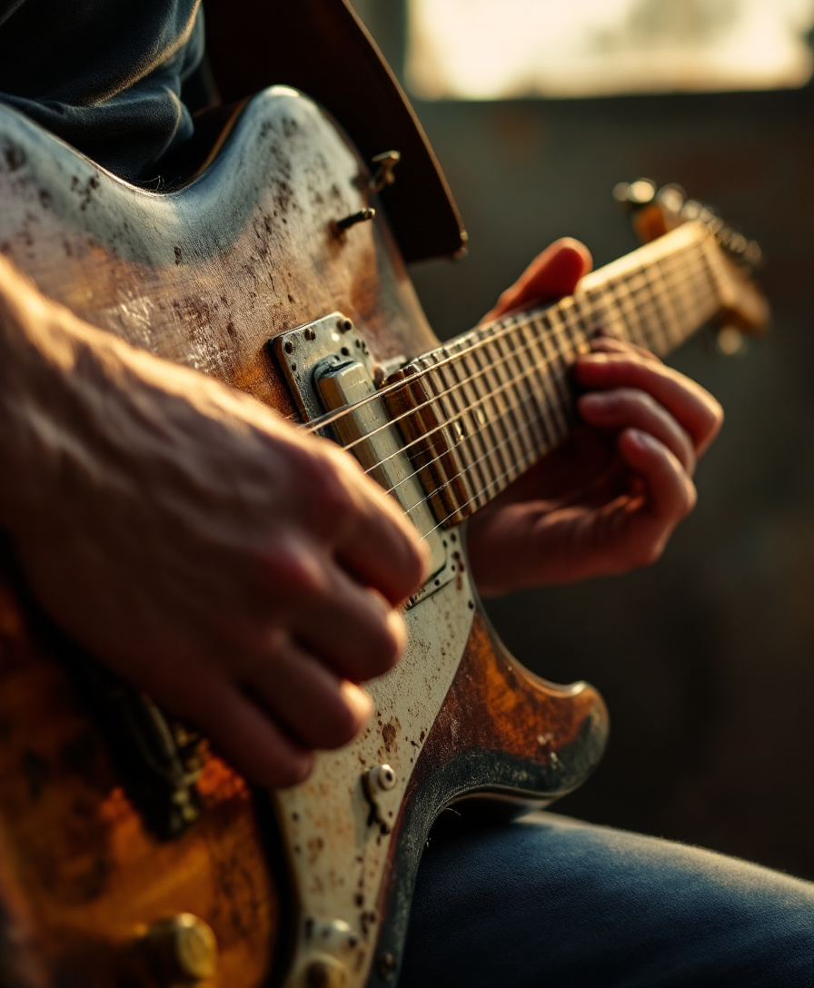 Close-up of hands playing a vintage guitar, raw energy, sunlight through dusty window.