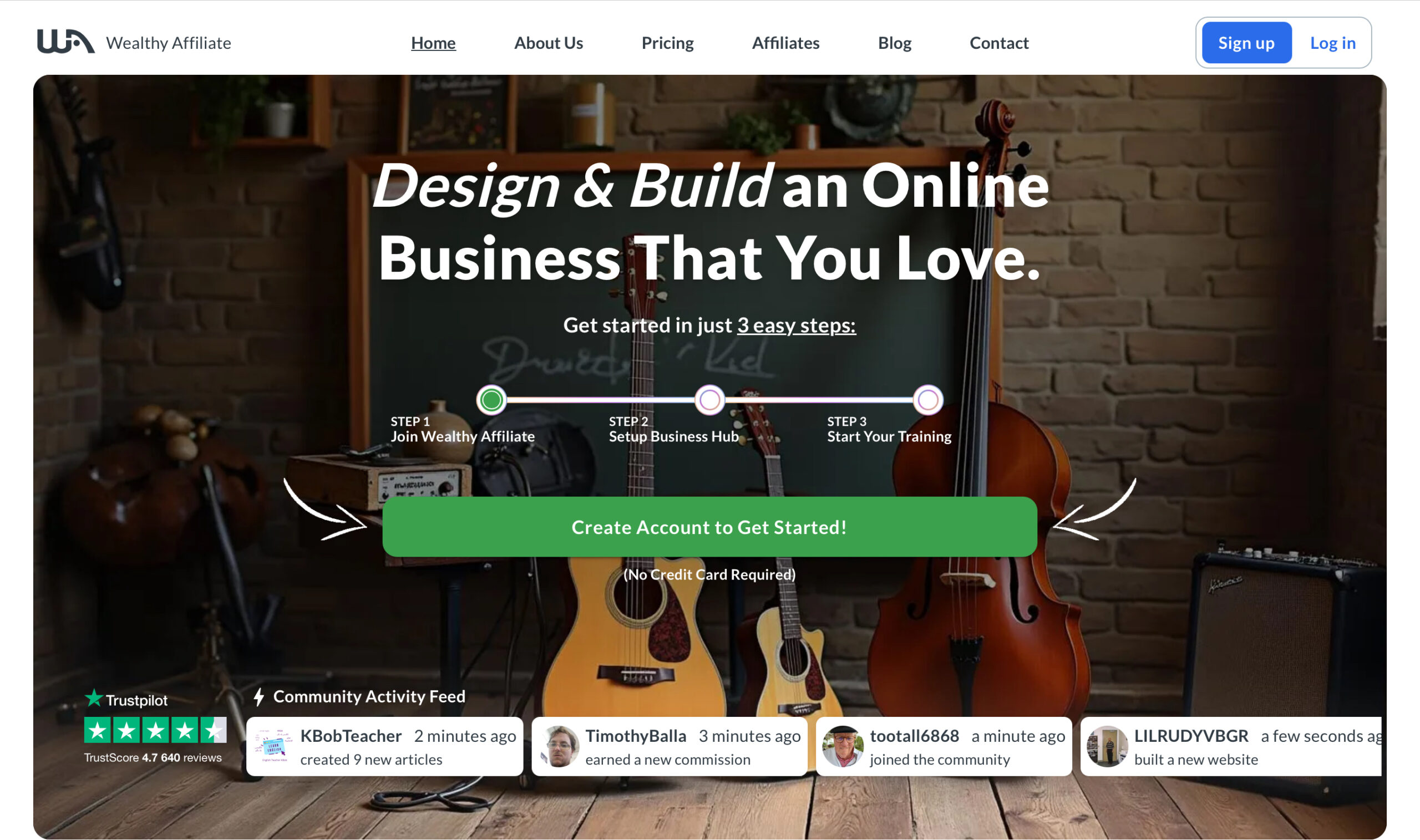 Wealthy Affiliate Homepage with guitars in the background.