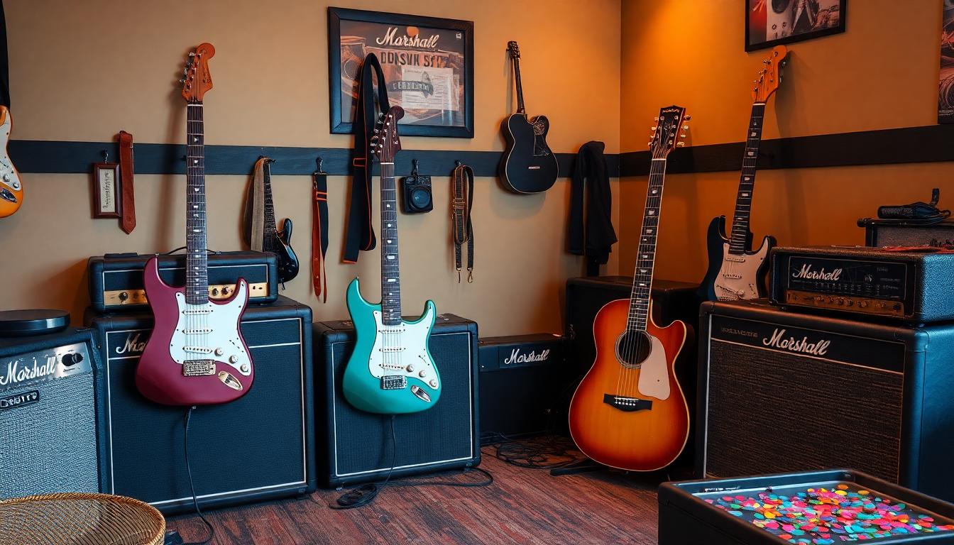 This scene includes about 5 electric guitars, Marshall amps, guitar straps hanging on the wall, and guitar picks scattered.