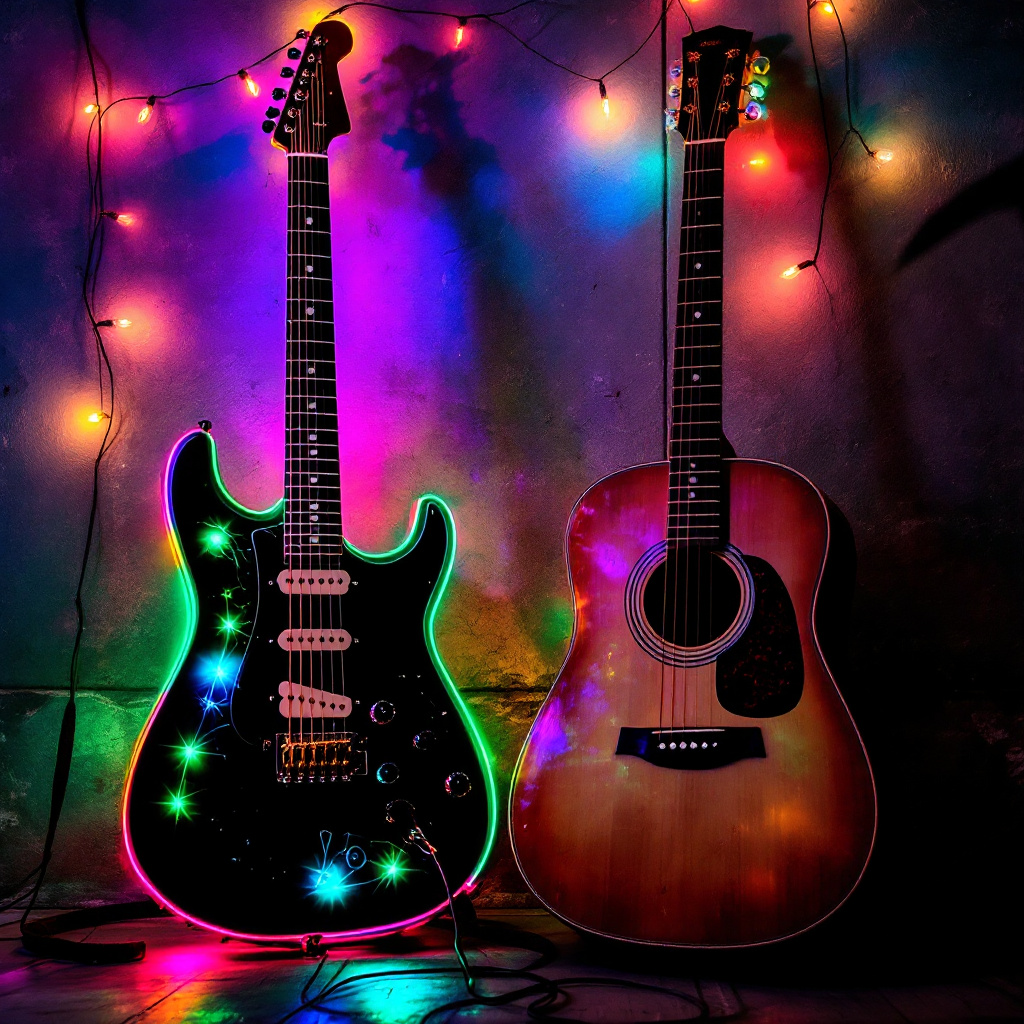 Electric guitar glowing with neon colors, acoustic guitar under string lights, bohemian feel.