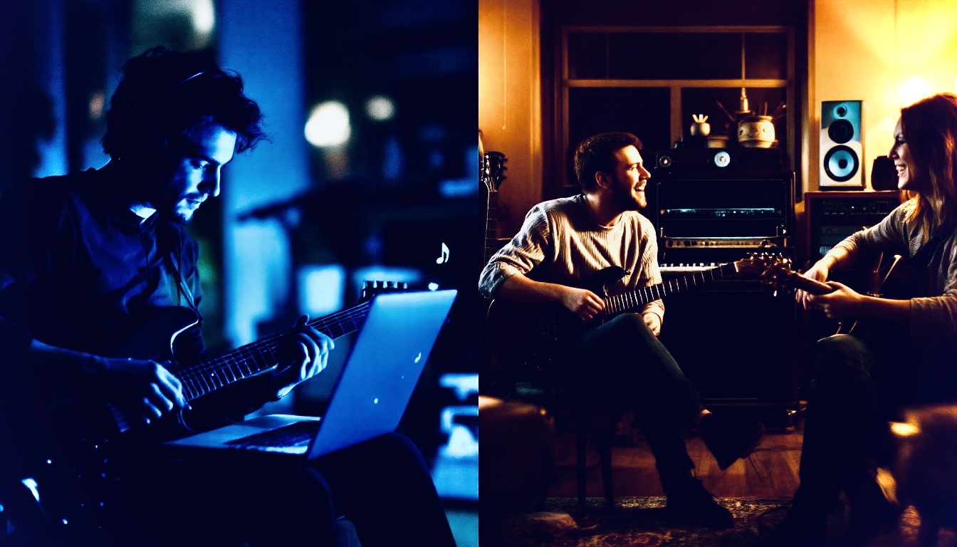 An electric guitarist student/teacher session on a split screen