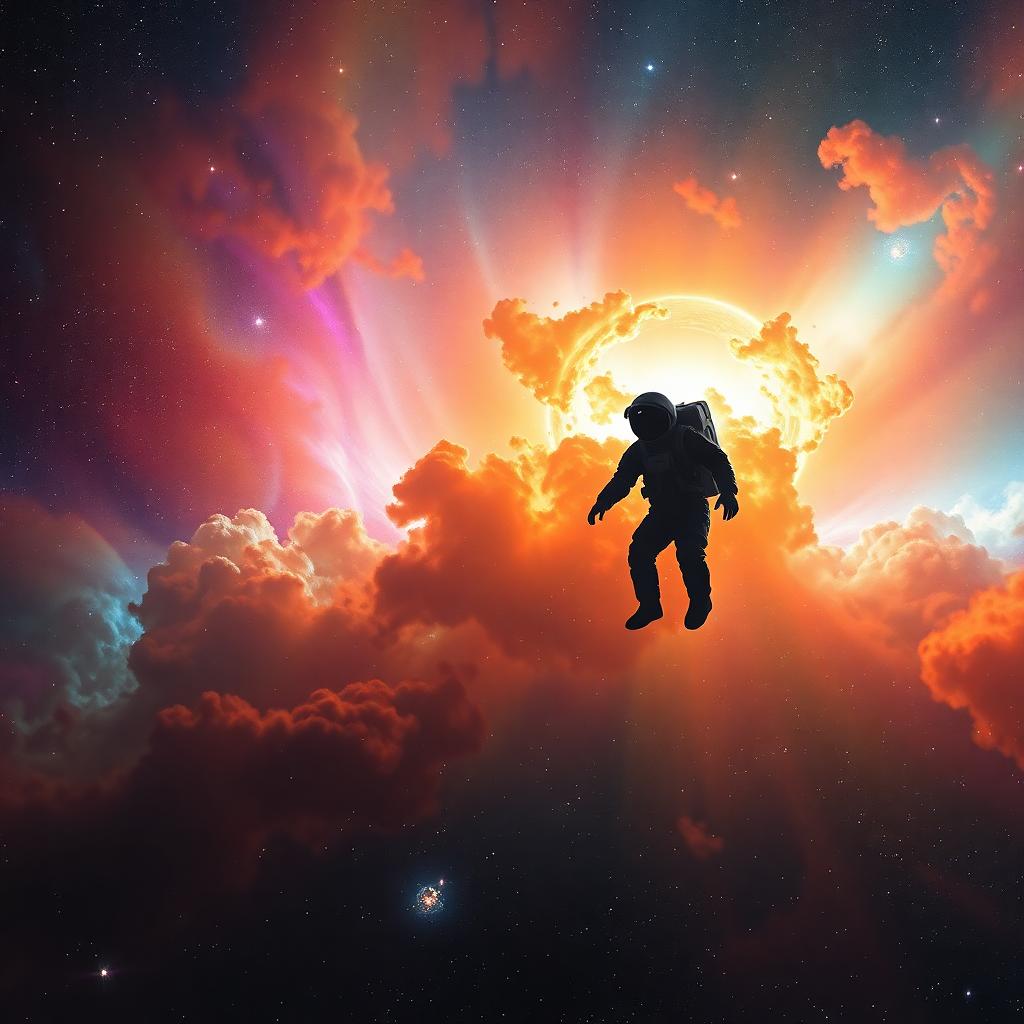 A lone astronaut floating near a massive colorful nebula, intricate starfield behind, glowing space station in distance.