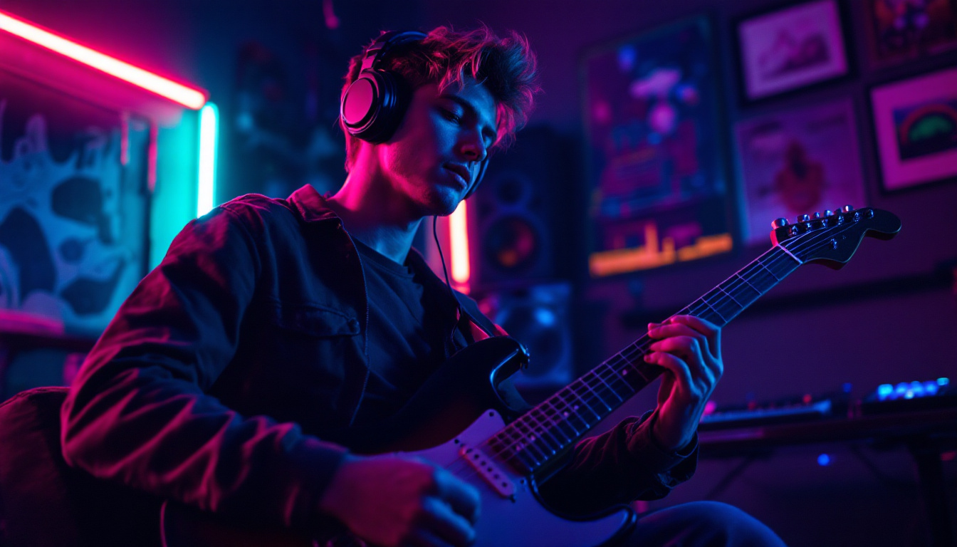 A young musician, headphones on, practicing electric guitar in a dimly lit room with neon LED lights glowing.