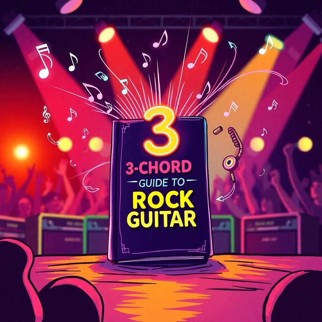 A colorful guitar guidebook titled "3-Chord Guide to Rock Guitar," with a giant number 3 leaping off the cover, glowing with neon lights, surrounded by dynamic music notes and guitar strings in motion.