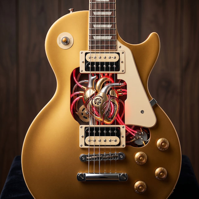Image depicting a human heart inside an electric guitar