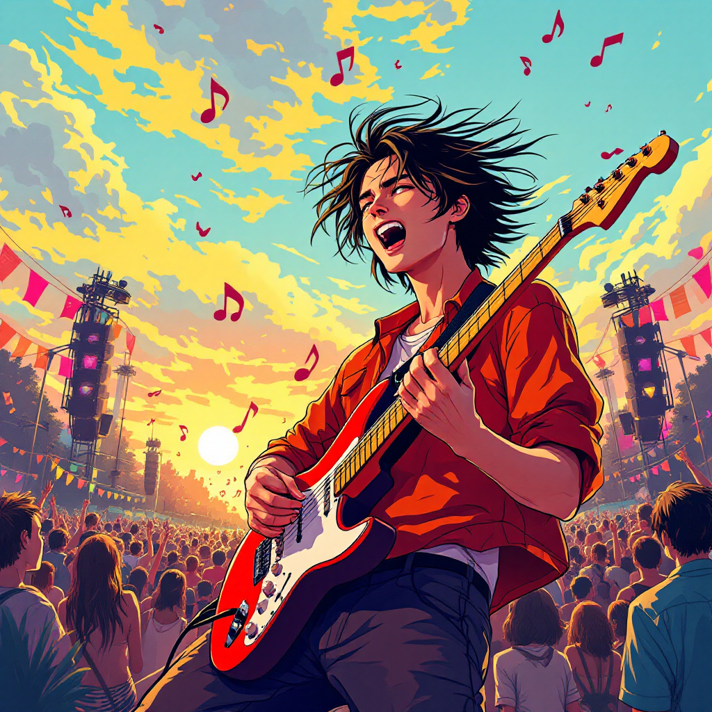 Anime image of a young man playing electric guitar 