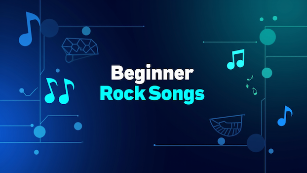 Beginner rock songs with music notes floating around