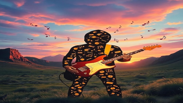 A surreal landscape where a musician’s silhouette is crafted entirely out of electric guitars and floating musical notes, encapsulating the essence of a diverse musical identity.