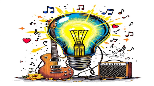 glowing light bulb with electric guitar icons
