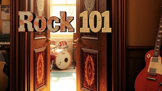 Rock 101 as a sign on a classroom door.Door is open showing a drum set and a Les Paul guitar on the side of door.