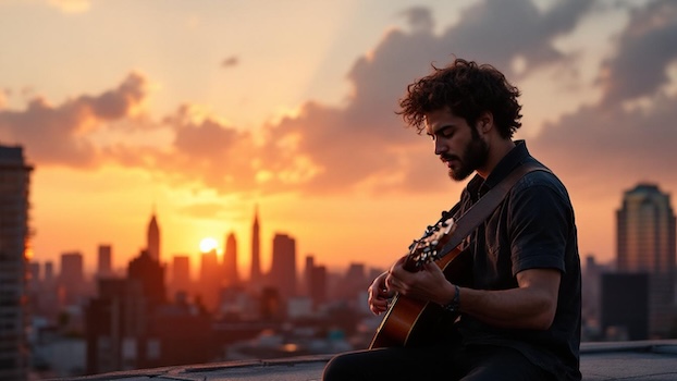 Guitarist playing on a rooftop