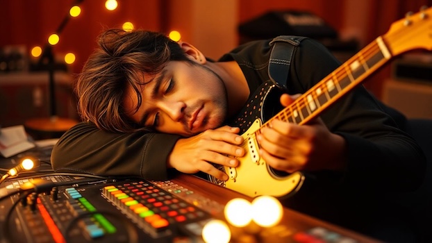 A tired guitarist slumped over a mixing board showing signs of guitar burnout.