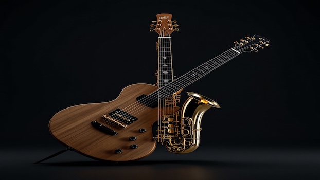 An image of legato sound on guitar depicted by a half electric guitar and half saxophone. (GuitarSax)