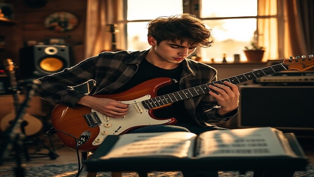 young musician learning rock guitar chords