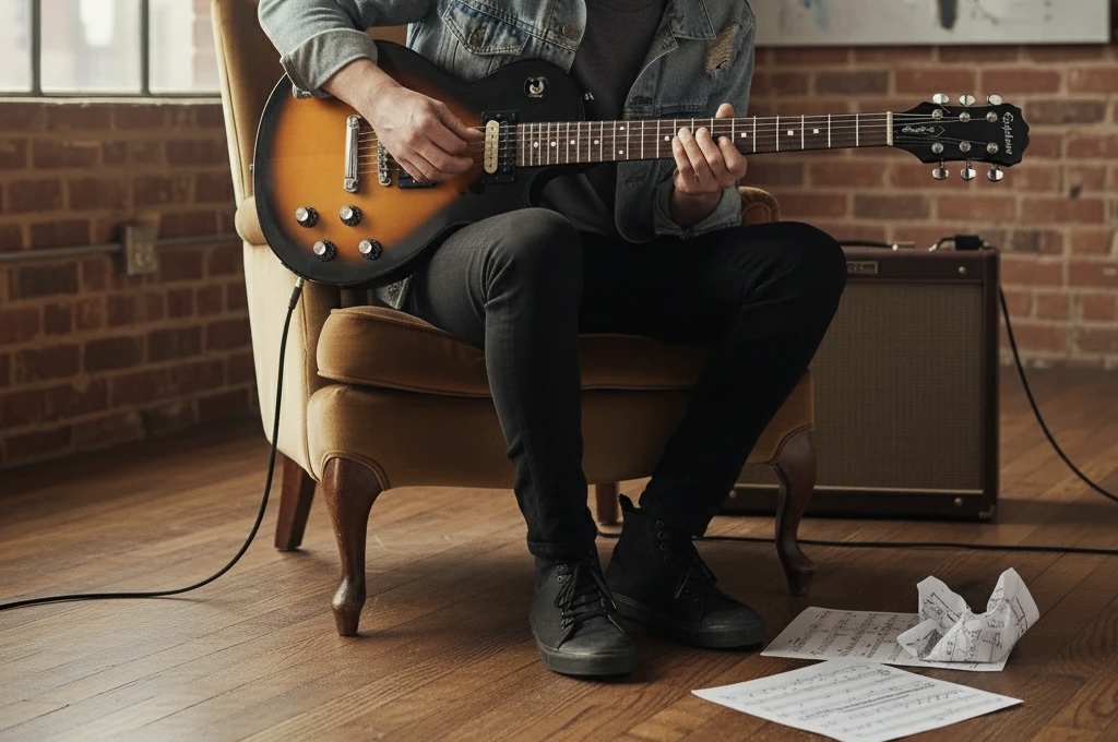 A person sitting and playing an Epiphone Les Paul Studio E1 Electric Guitar