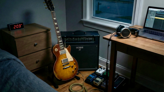 Quiet guitar setup featuring a Boss Katana Gen 3 amp and a les paul guitar