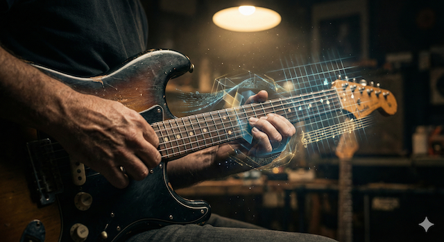 An atmospheric, close-up shot of a guitarist’s hands on a worn electric guitar fretboard in a dimly lit room.