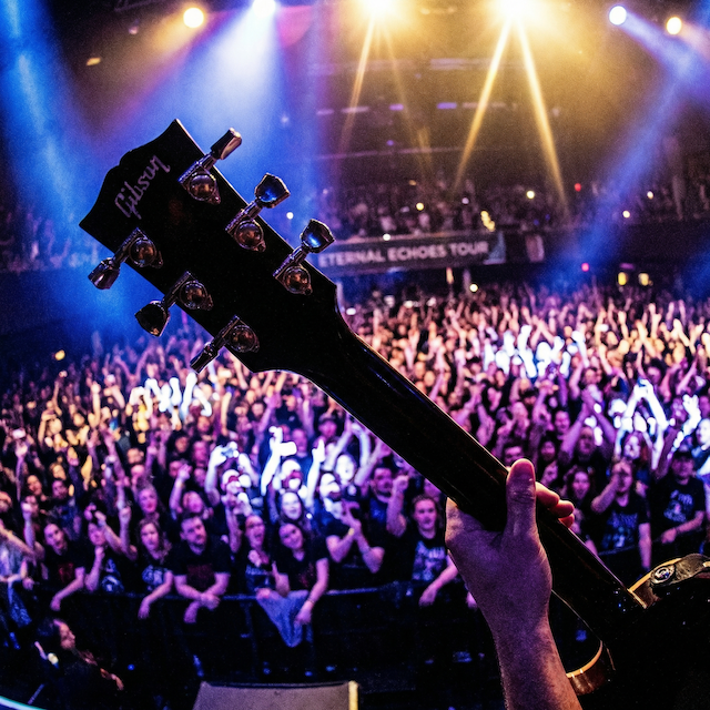 An epic, wide-angle "rockstar" shot from the perspective of a guitarist on a large stage, looking out at a blurred, cheering crowd with bright stage lights.