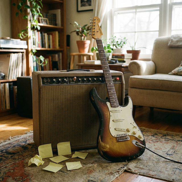 Guitar leaning on amp with crumpled up sticky notes on the floor.