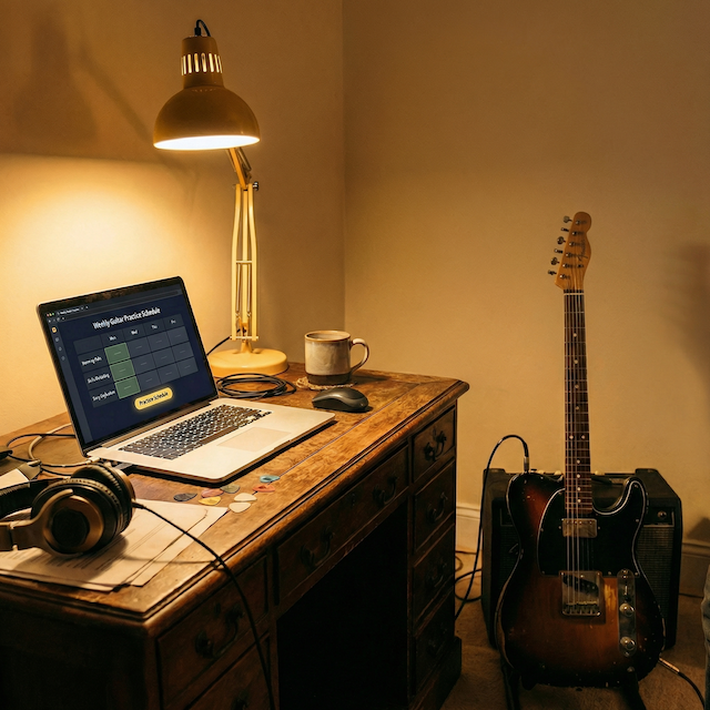 A candid, photorealistic shot of a cluttered wooden desk in a home studio, bathed in the warm glow of a desk lamp.