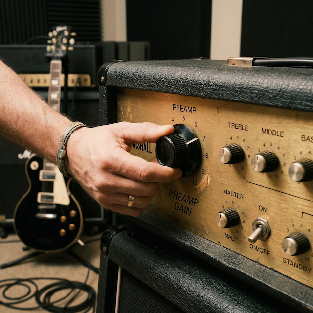 A guitar amplifier gain knob being turned down from 10 to 7 to show how to achieve clarity in rock guitar tone.