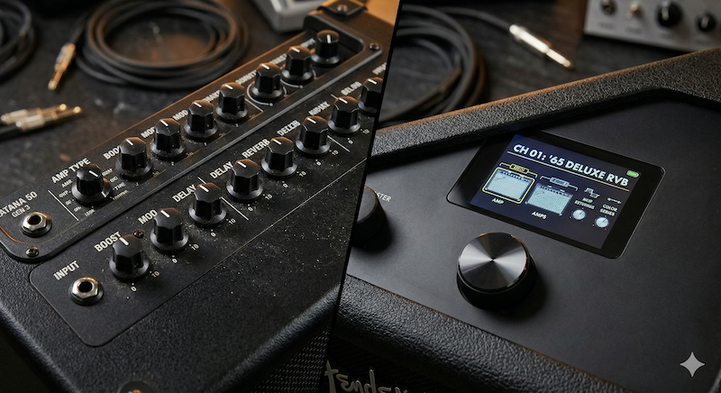 Boss Katana and Fender Mustang close-up features