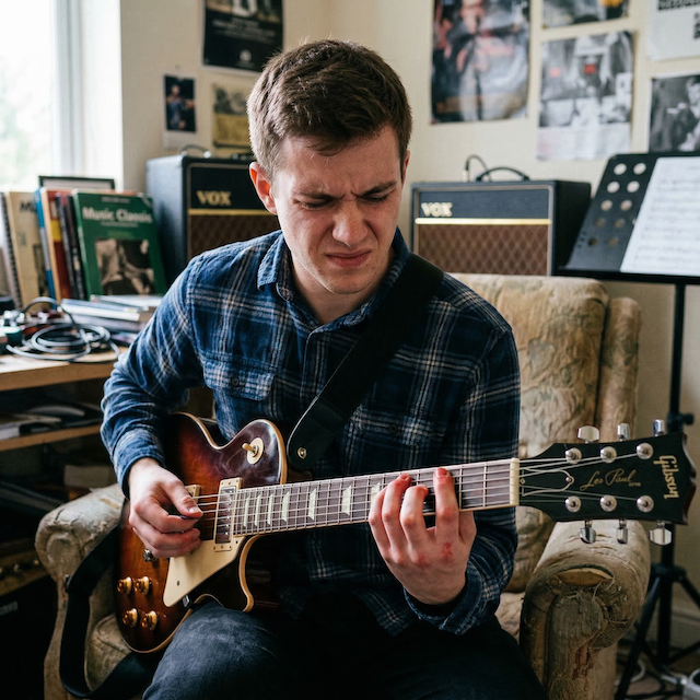 Guitarist with a painful facial expression playing a Gibson Les Paul.